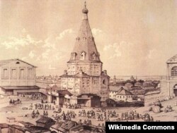 Николо-Гостинодворская церковь в Гостином дворе в 1830-е годы. Рисунок Эдуарда Турнерелли