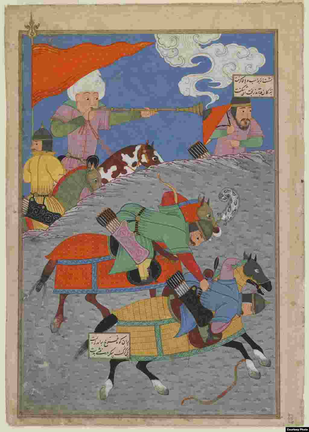 In 1994, Iran traded a Willem de Kooning nude for hundreds of pages of the prized 16th-century copy of "The Shahnameh," pages of which are on display in the exhibit. "Battle Between Zanga And Awkhast," Gilan, Iran, 1493-1494, from "The Shahnameh" (Book of Kings) by Firdawsi Photos courtesy of the Smithsonian Institute, Washington, D.C.