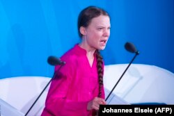 Грэта Тунбэрг (Greta Thunberg) падчас выступу ў ААН