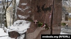 Бел-чырвона-белыя сьцяжок і стужка на помніку Караткевічу ў Віцебску, лістапад 2016