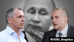 Владимир Константинов и Сергей Аксенов на фоне президента России Владимира Путина. Коллаж