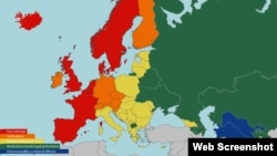 Закандаўства адноста правоў геяў. Чырвоным колерам пазначаны краіны, дзе дазволеныя шлюбы, аранжавым — грамадзянскія саюзы, жоўтым — дзе ёсьць антыдыскрымінацыйныя законы, зялёным — дзе правы геяў не абароненыя, сінім — дзе аднаполае каханьне караецца