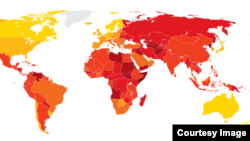 Transparency International ұйымының 2014 жылғы жемқорлық рейтингісін әлем картасы арқылы суреттеуі. Сары түс - жемқорлық деңгейі төмен, қызыл түс - жемқорлық деңгейі жоғары елдің сипаттамасы.