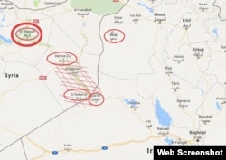 В центре - граница Сирии и Ирака. Штриховкой показана территория, где, по данным иракских военных, скрывается аль-Багдади