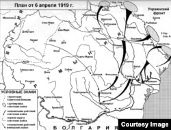 Весной 1919 года Красная армия ставила себе задачу совместно с коммунистической Венгрией завоевать всю Румынию, используя пограничный спор как предлог. Карта из книги Михаила Мельтюхова "Бессарабский вопрос между мировыми войнами"