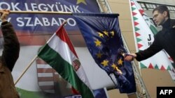 Член Европарламента Элод Новак на митинге в Будапеште 14 января 2012 г