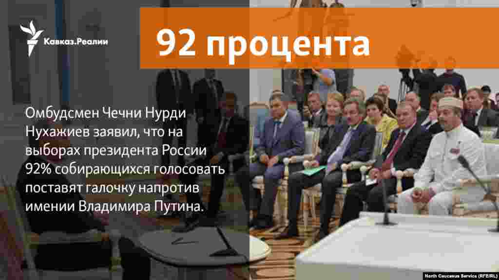 14.03.2018 // Омбудсмен Чечни Нурди Нухажиев заявил, что на выборах президента России 92% собирающихся голосовать поставят галочку напротив имении Владимира Путина.