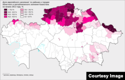 Доля эўрапейскага насельніцтва (расейцы, украінцы, беларусы, палякі, немцы) у Казахстане, 2012