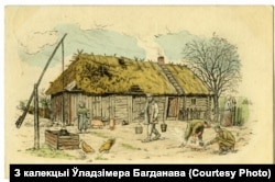 Сялянская хата на Горадзеншчыне. Мастак — санітар F. Preiss. Расфарбаваная паштоўка выдадзеная ў Бэрліне, адпраўленая з фронту ў красавіку 1917-га