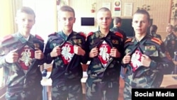 Belarus - Students of Cadet School in Yastrambel near Baranavichy, took pictures with the ancient Belarusian coat of arms Pahonia under uniform, 16Oct2015